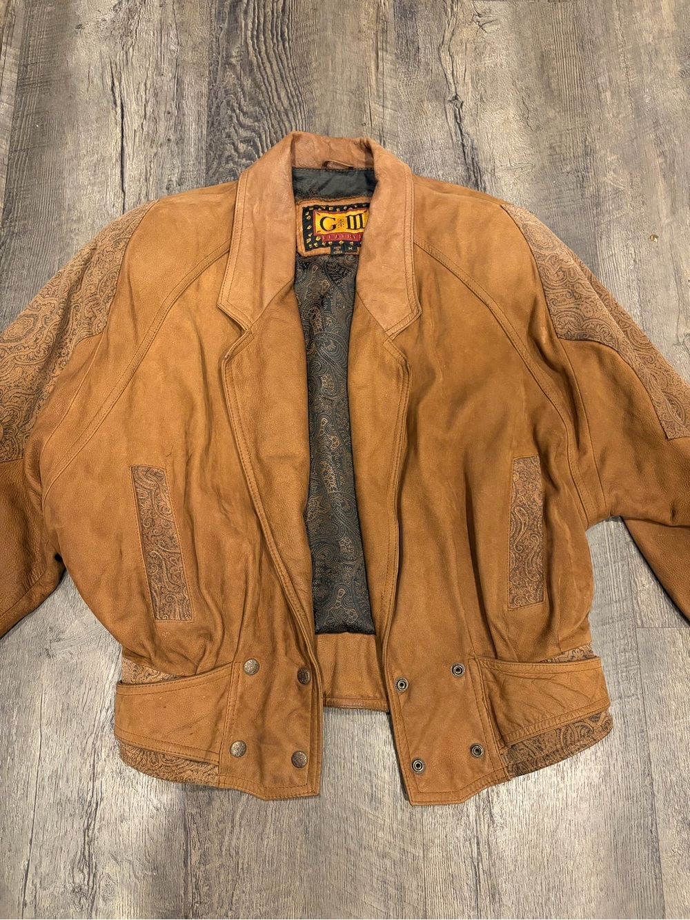 Women’s Tan Suede Bomber Jacket with Paisley Details